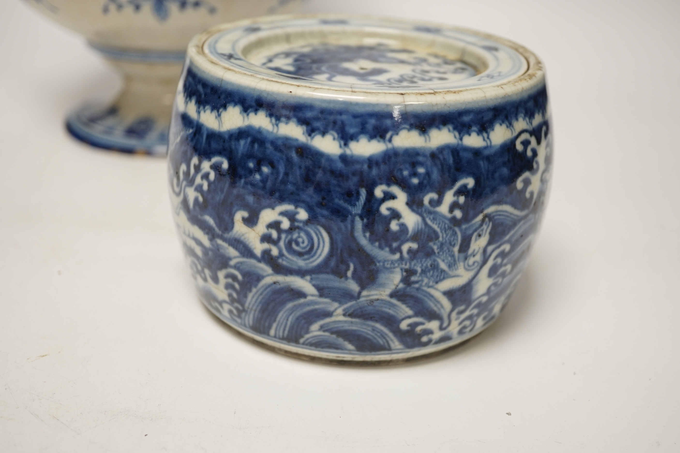 A Chinese blue and white jar and cover, Xuande mark, probably late Qing and a French faience vase (2) tallest 29.5cm